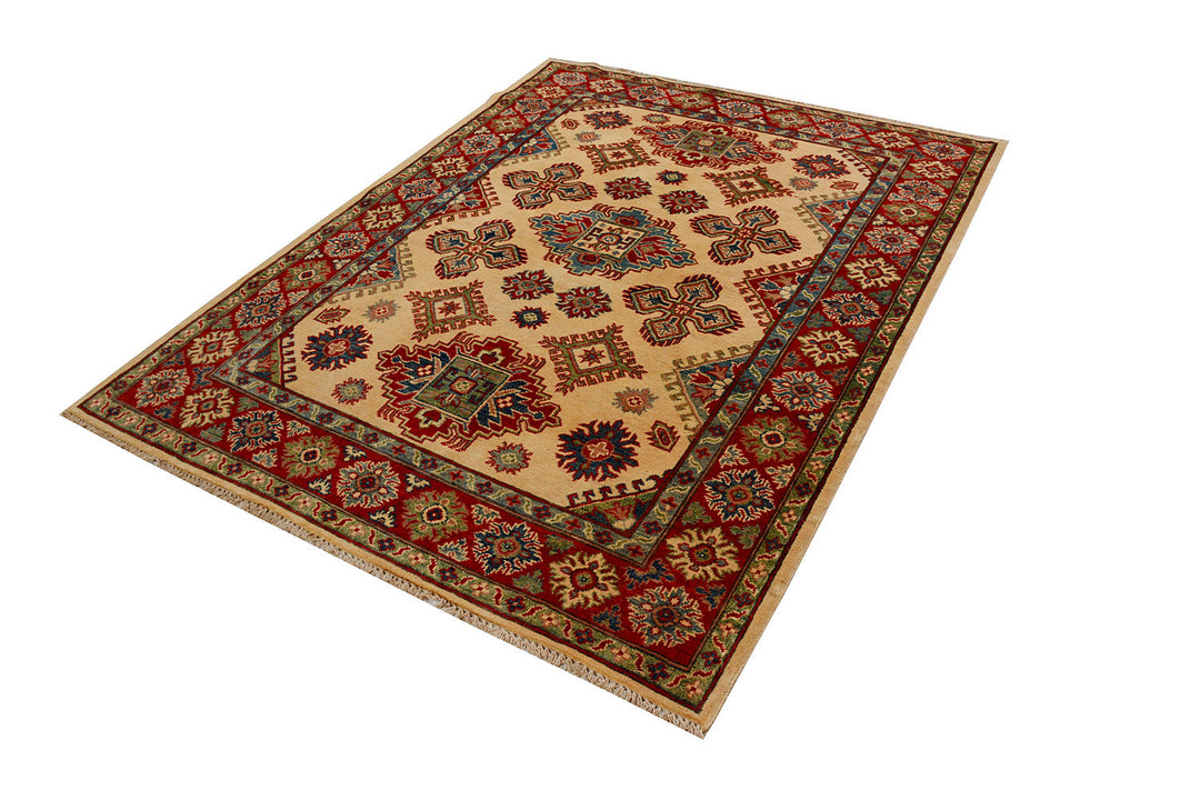 White Afghan Kazak Rug 5' 1 x 6' 6 Hand-Knotted border