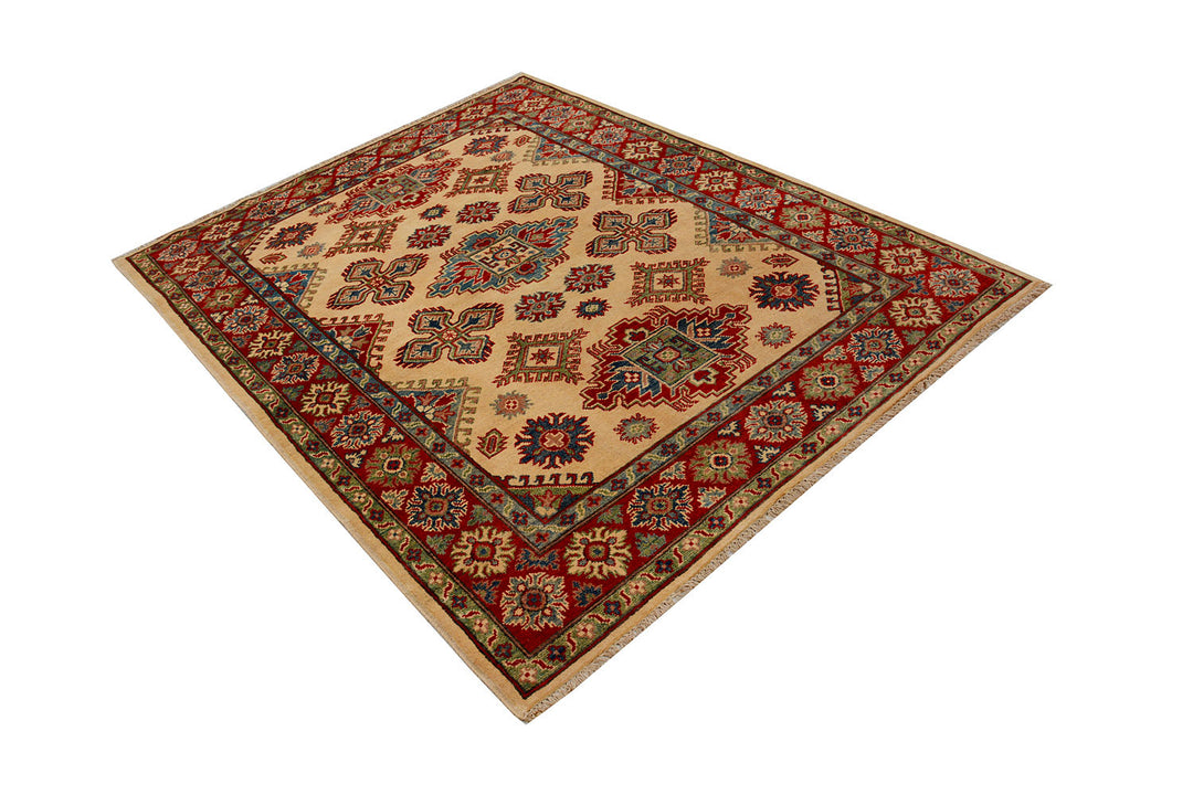 White Afghan Kazak Rug 5' 1 x 6' 6 Hand-Knotted field