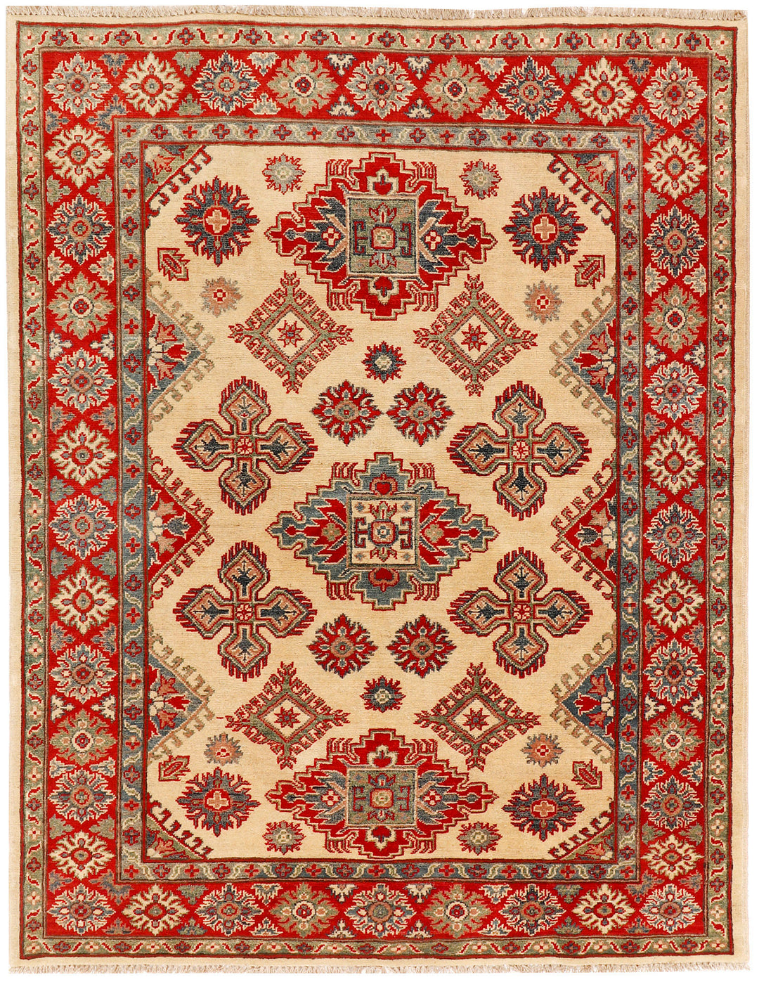 White Afghan Kazak Rug 5' 1 x 6' 6 Hand-Knotted