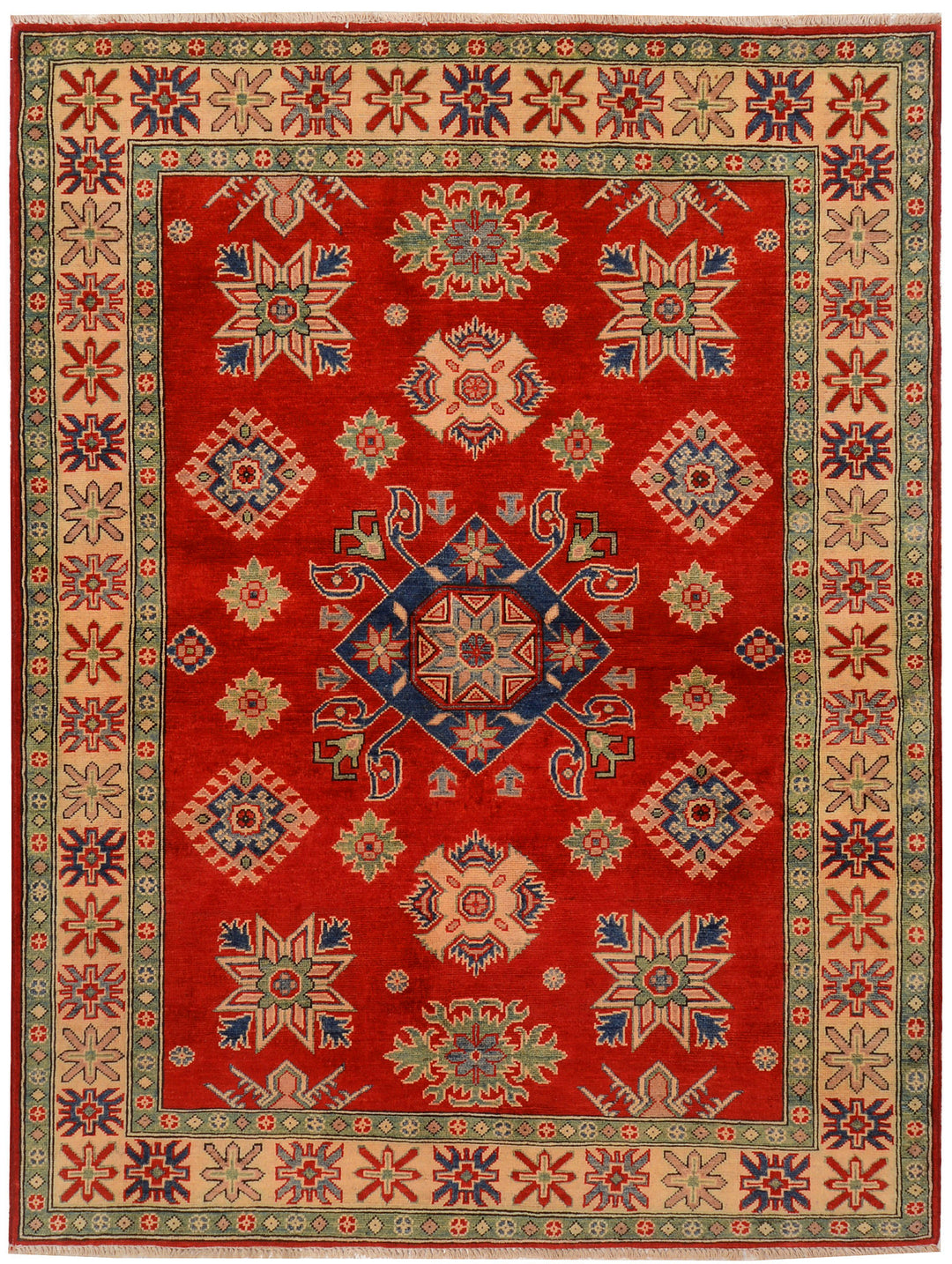 Red Afghan Kazak Rug 5' x 6' 9" Hand-Knotted