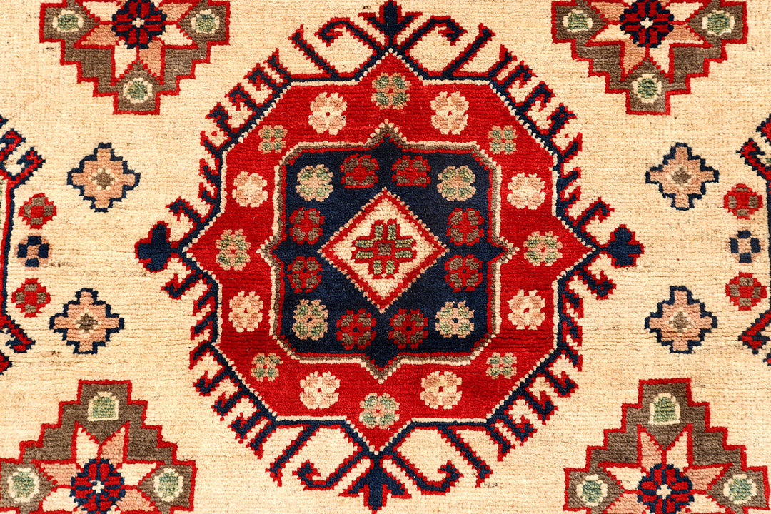 White Afghan Kazak Rug 5' 1 x 6' 10 Hand-Knotted close-up