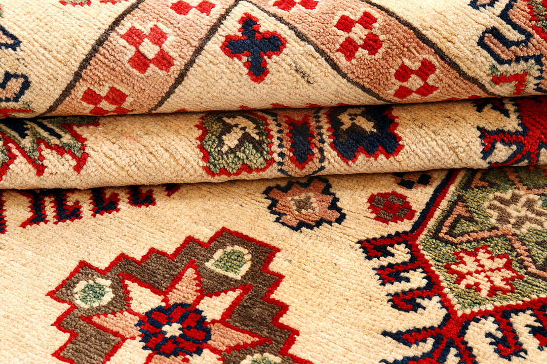 White Afghan Kazak Rug 5' 1 x 6' 10 Hand-Knotted pattern