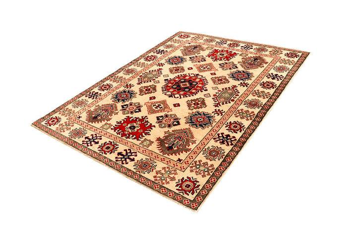 White Afghan Kazak Rug 5' 1 x 6' 10 Hand-Knotted border