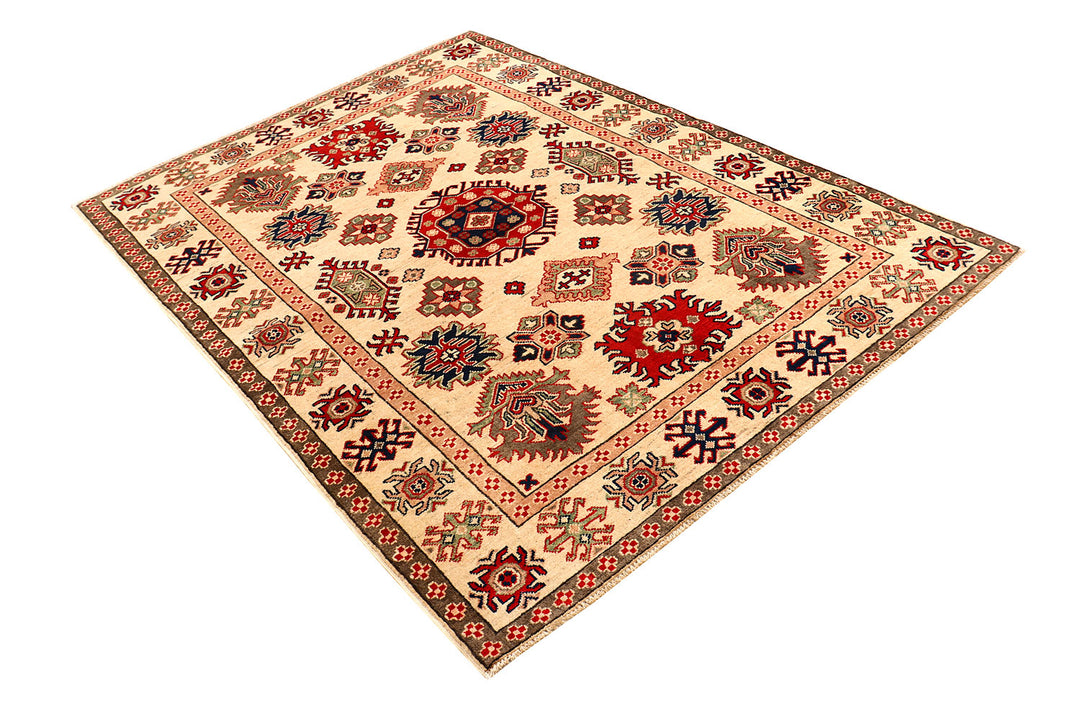White Afghan Kazak Rug 5' 1 x 6' 10 Hand-Knotted field