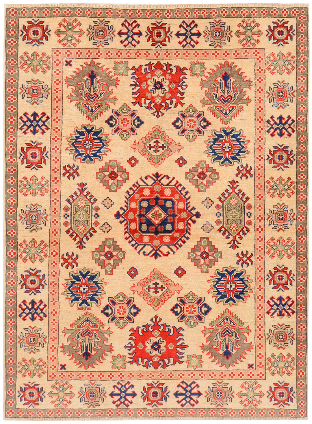 White Afghan Kazak Rug 5' 1 x 6' 10 Hand-Knotted