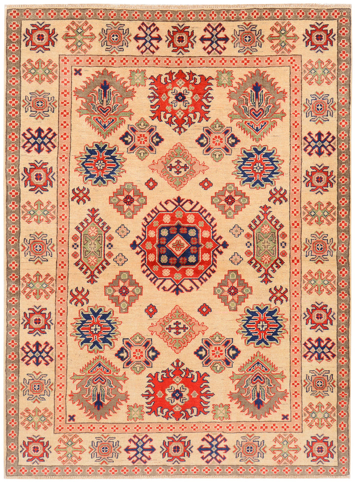 White Afghan Kazak Rug 5' 1 x 6' 10 Hand-Knotted
