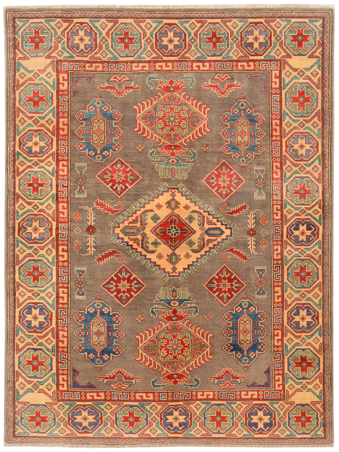 Tan Afghan Kazak Rug 4'11" x 6'7" Hand-Knotted