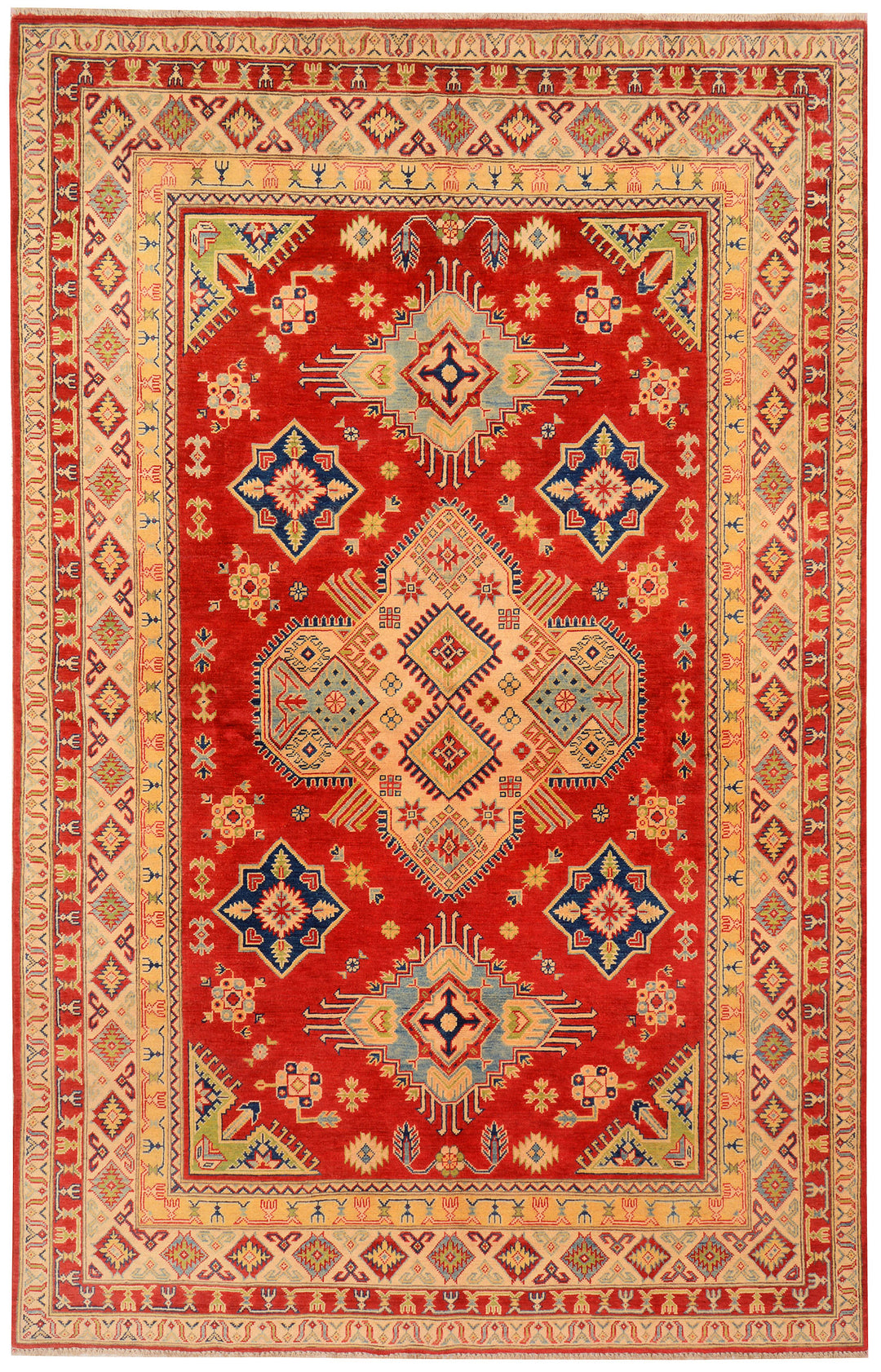 Red Afghan Kazak Rug 6' 3 x 9' 10 Hand-Knotted