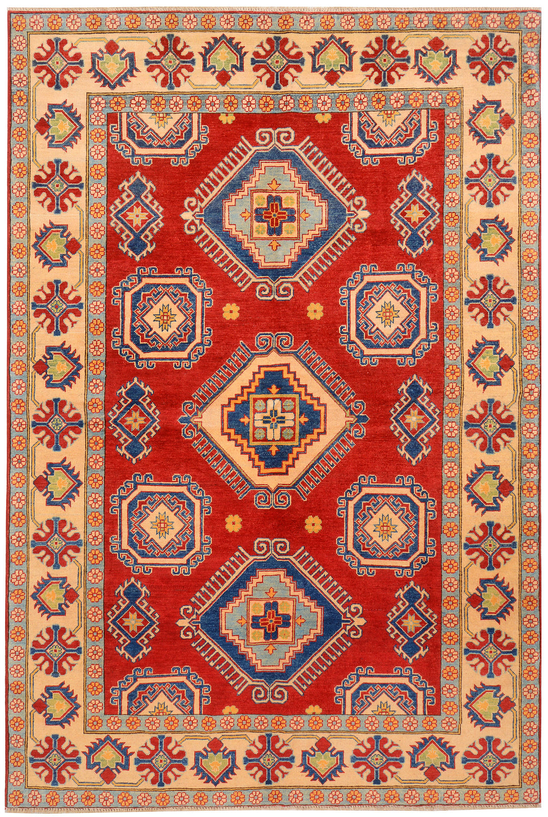 Red Afghan Kazak Rug 6' 5" x 9' 8" Hand-Knotted