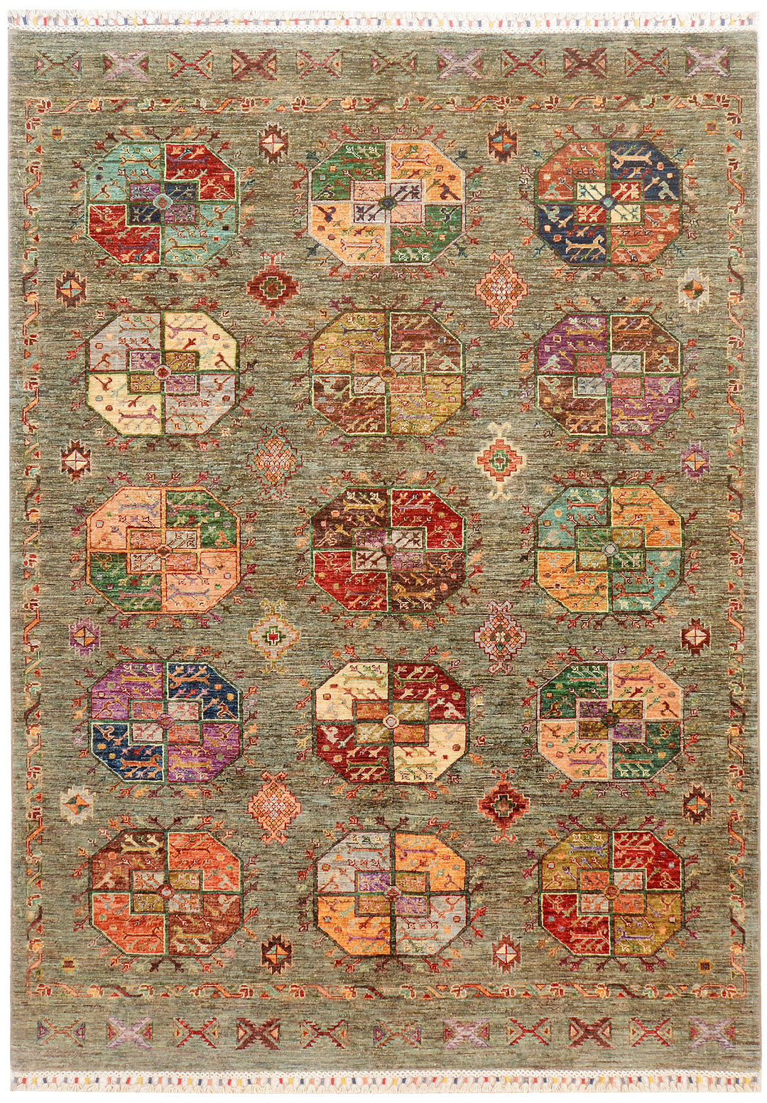 Olive Afghan Kazak Rug 5' 9 x 7' 11 Hand-Knotted