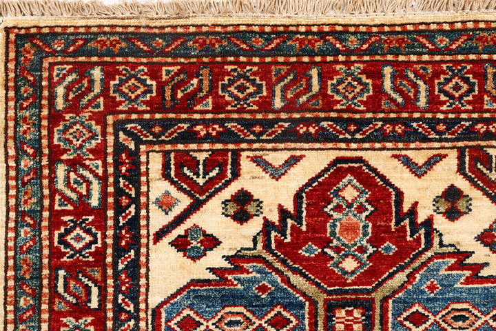 White Afghan Kazak Rug 2'5" x 6'7" Hand-Knotted detail