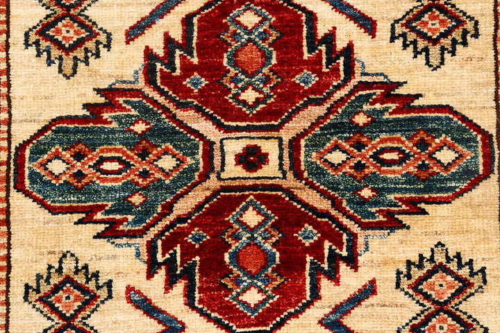 White Afghan Kazak Rug 2'5" x 6'7" Hand-Knotted close-up