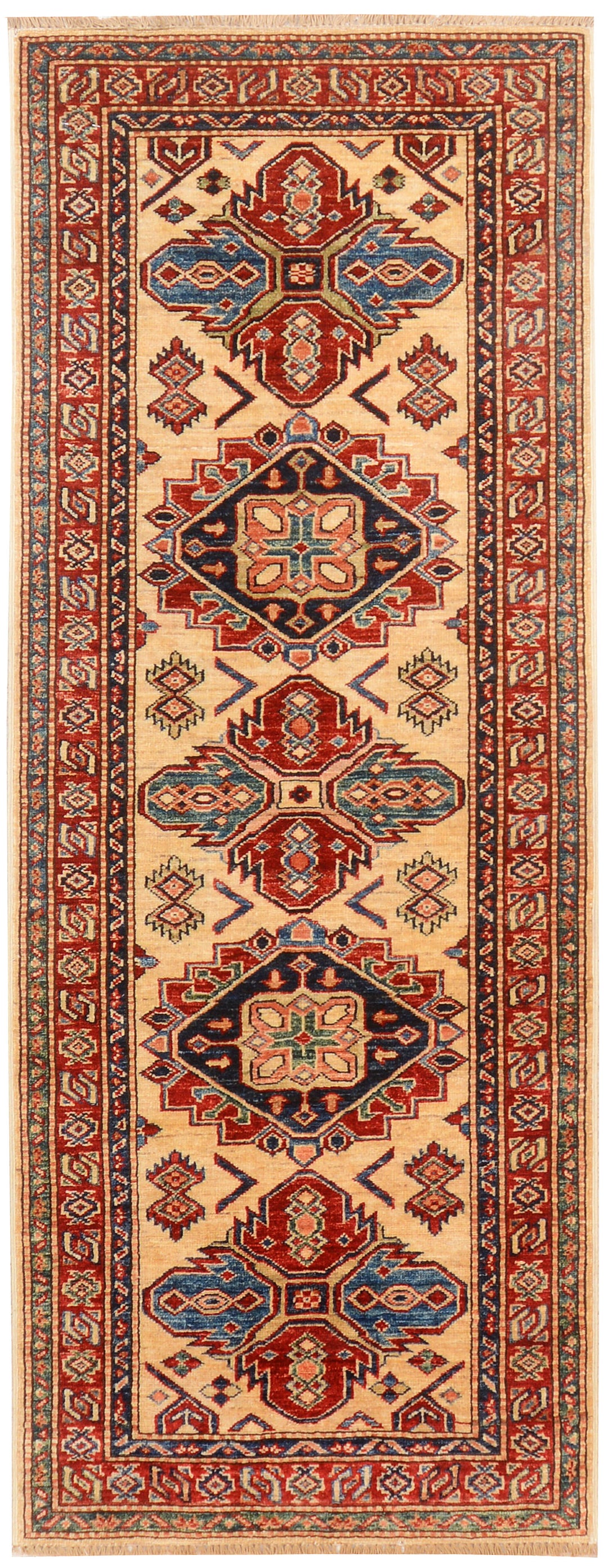 White Afghan Kazak Rug 2'5" x 6'7" Hand-Knotted