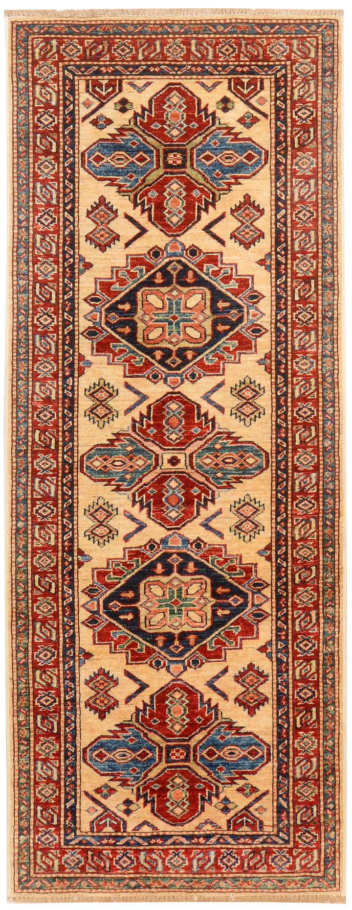 White Afghan Kazak Rug 2'5" x 6'7" Hand-Knotted