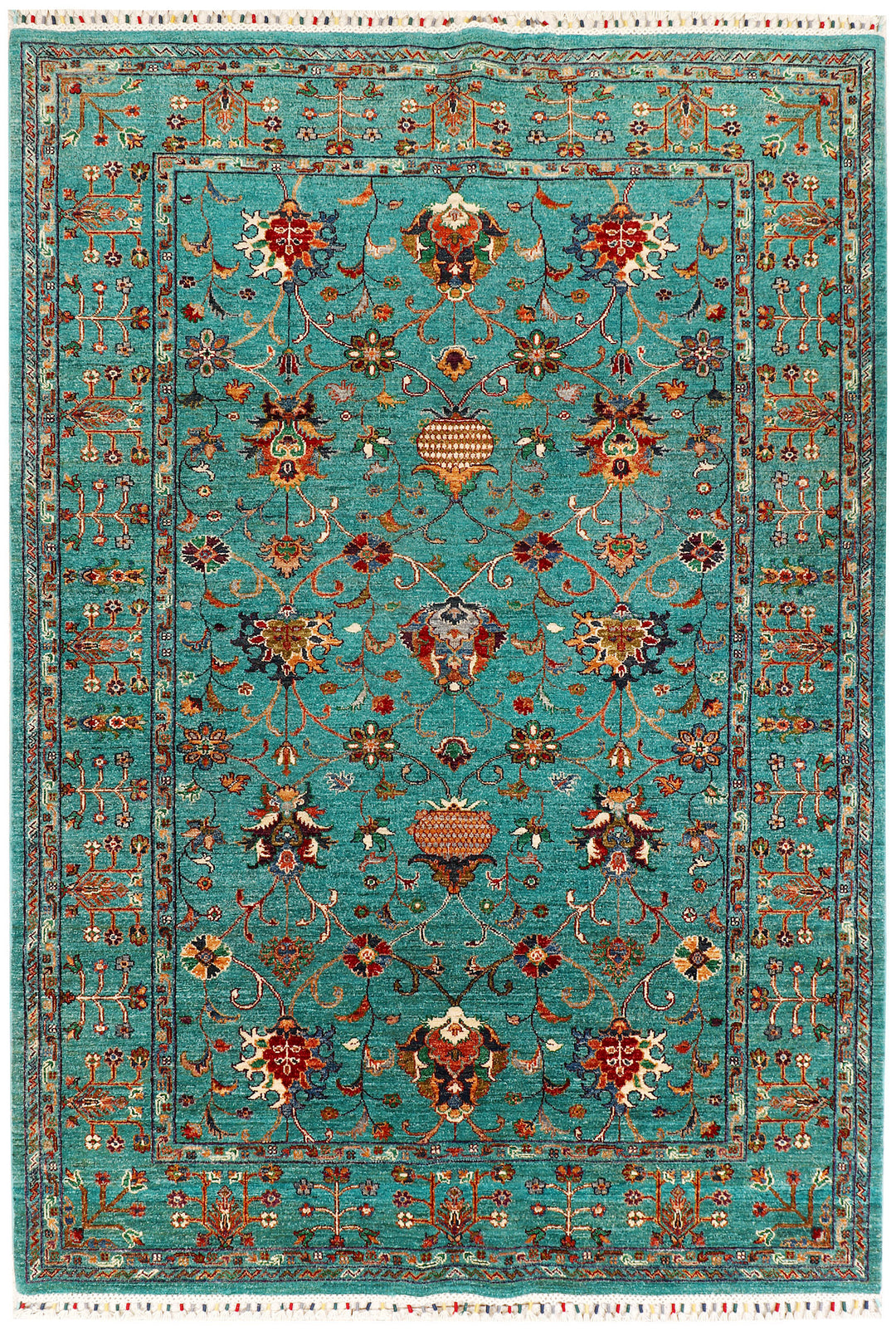 Turquoise Afghan Kazak Rug 6' x 8'8" Hand-Knotted