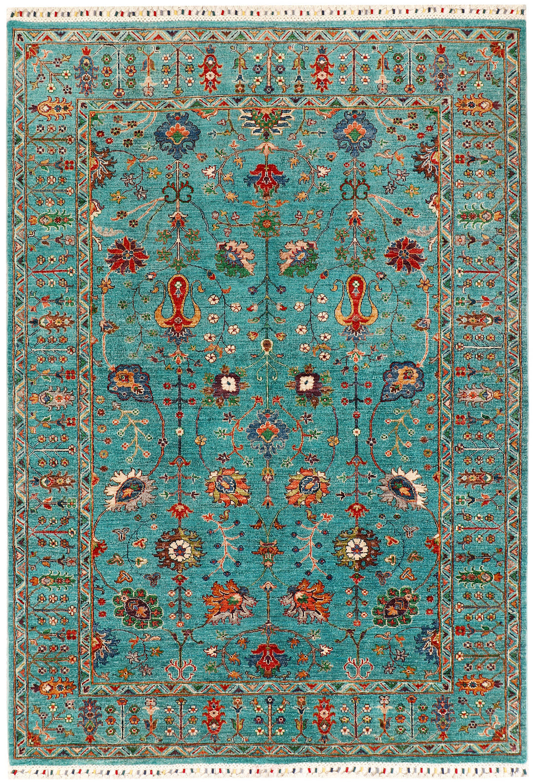 Turquoise Afghan Kazak Rug 6'2" x 8'10" Hand-Knotted
