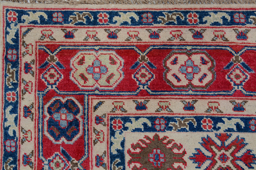White Afghan Kazak Rug 4'11" x 6'6" Hand-Knotted detail