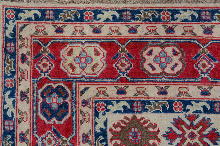 White Afghan Kazak Rug 4'11" x 6'6" Hand-Knotted detail