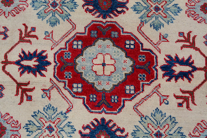 White Afghan Kazak Rug 4'11" x 6'6" Hand-Knotted close-up