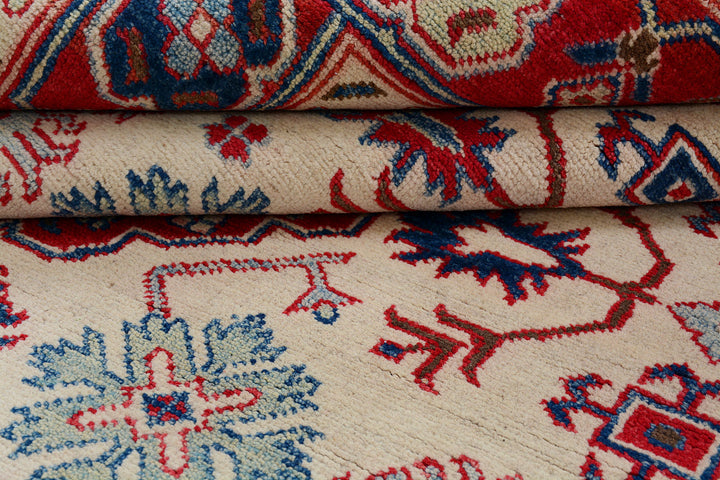 White Afghan Kazak Rug 4'11" x 6'6" Hand-Knotted pattern