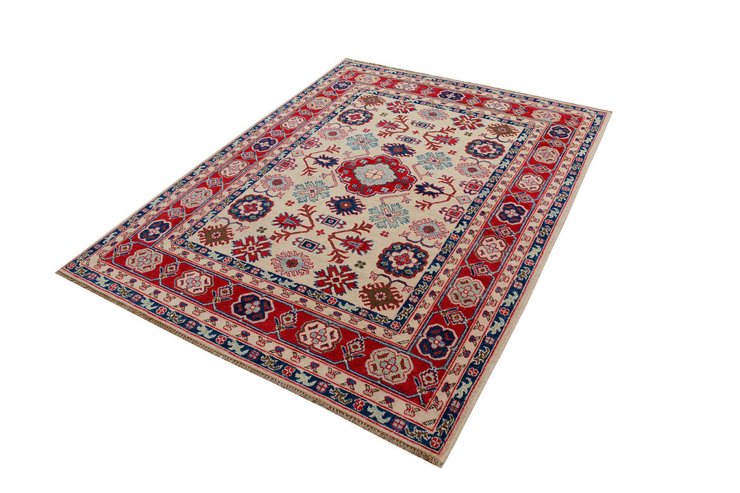 White Afghan Kazak Rug 4'11" x 6'6" Hand-Knotted border