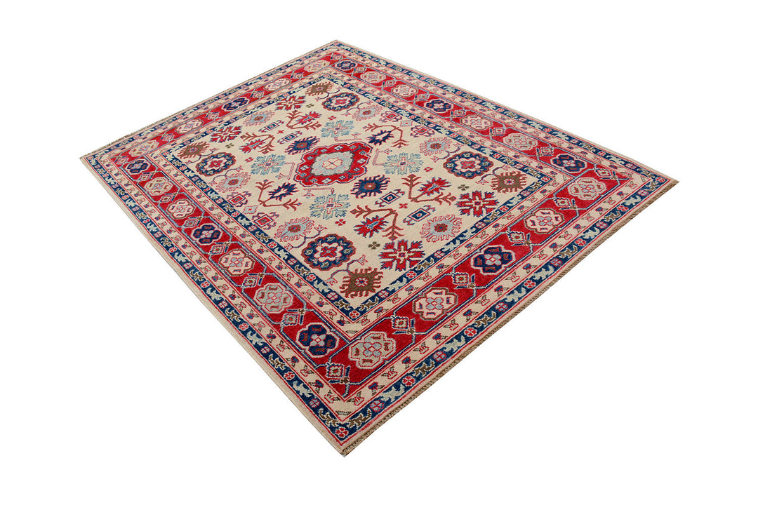 White Afghan Kazak Rug 4'11" x 6'6" Hand-Knotted field