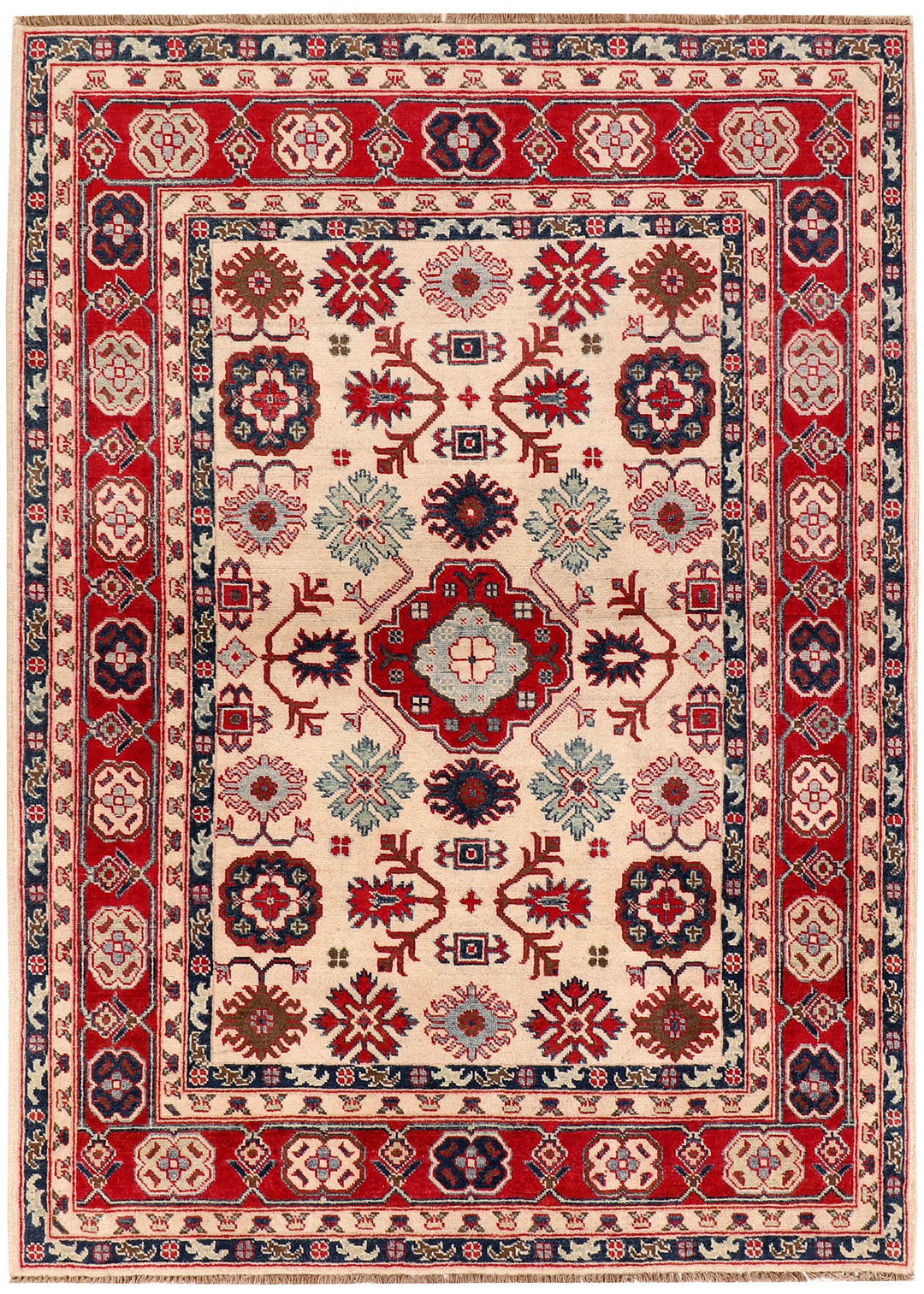 White Afghan Kazak Rug 4'11" x 6'6" Hand-Knotted