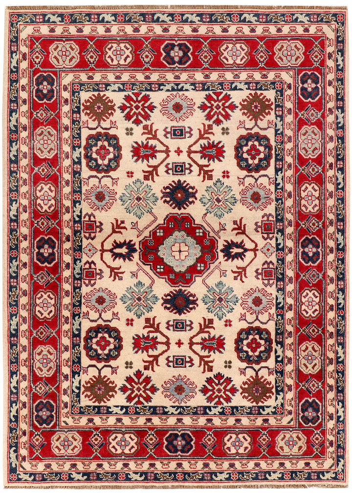 White Afghan Kazak Rug 4'11" x 6'6" Hand-Knotted