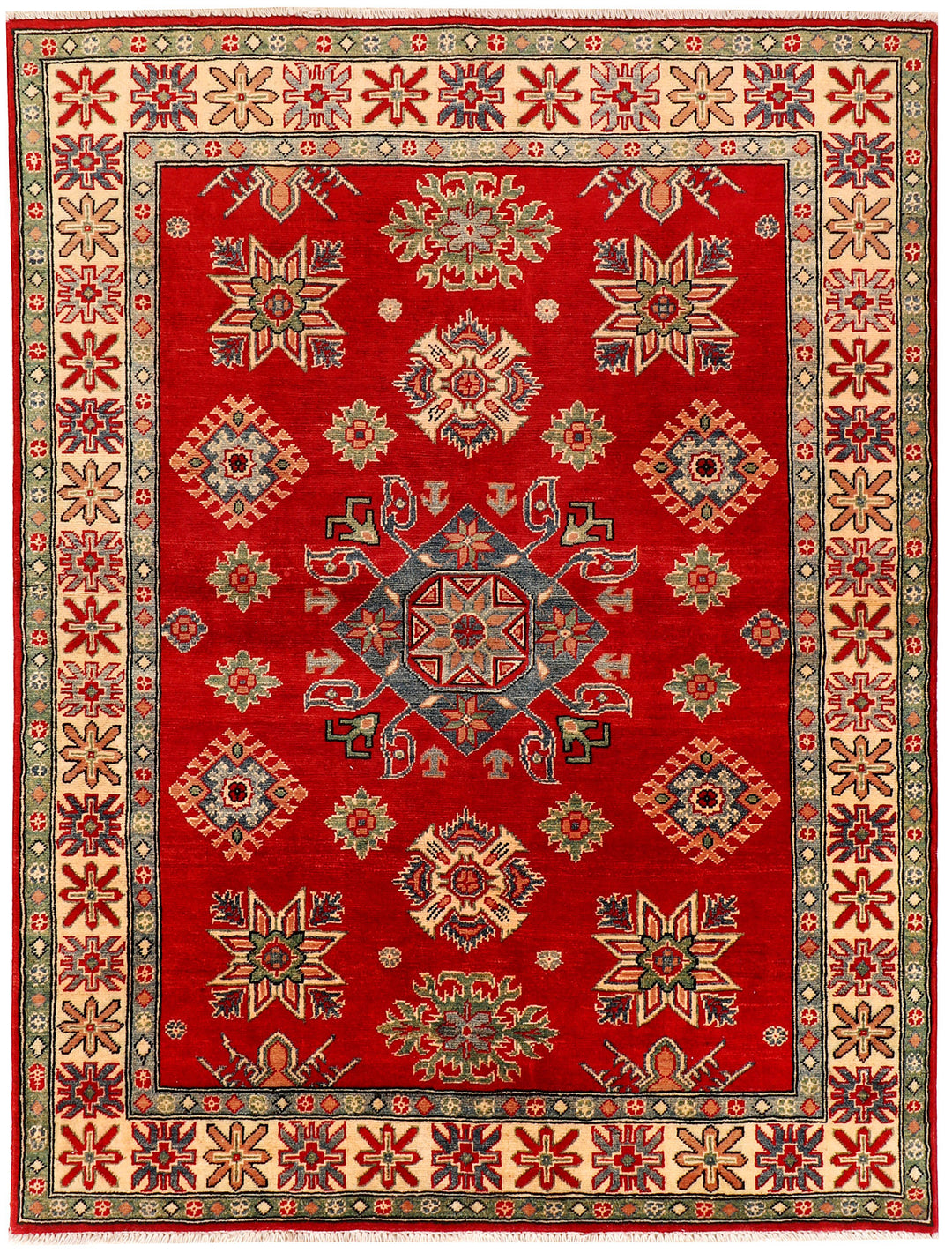 Red Afghan Kazak Rug 4' 11" x 6' 6" Hand-Knotted