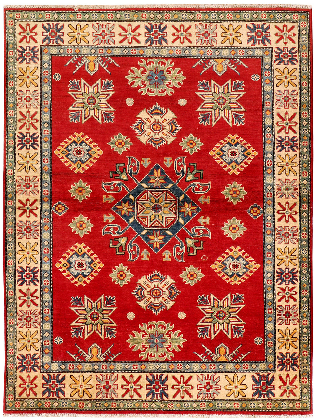 Red Afghan Kazak Rug 4'11" x 6'7" Hand-Knotted