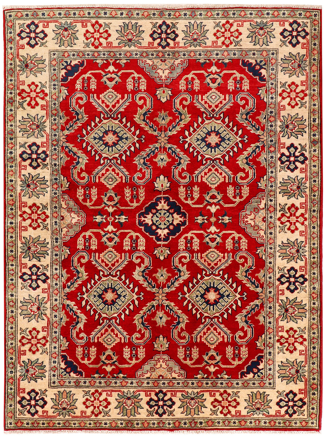 Red Afghan Kazak Rug 4' 11" x 6' 7" Hand-Knotted