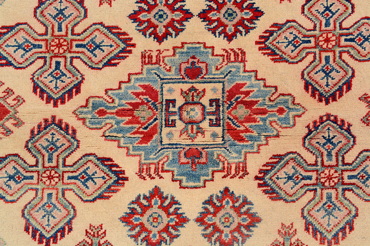 White Afghan Kazak Rug 4' 9 x 6' 3 Hand-Knotted close-up