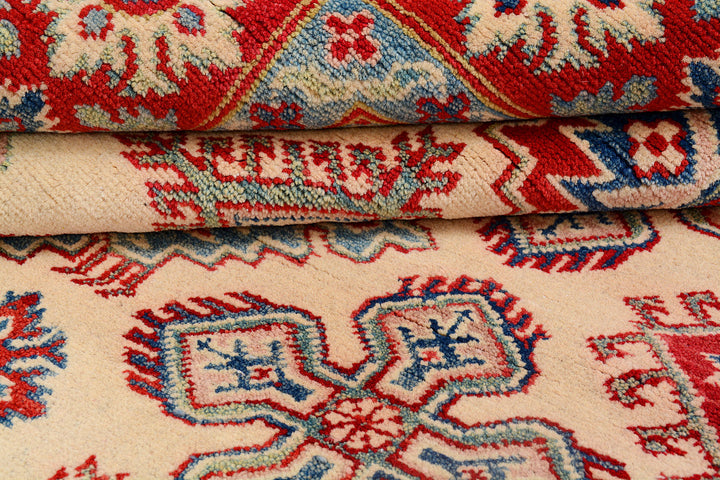 White Afghan Kazak Rug 4' 9 x 6' 3 Hand-Knotted pattern