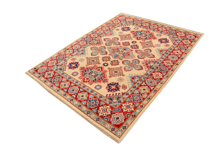 White Afghan Kazak Rug 4' 9 x 6' 3 Hand-Knotted border
