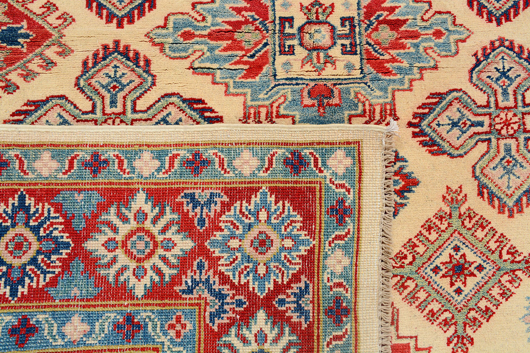 White Afghan Kazak Rug 4' 9 x 6' 3 Hand-Knotted texture