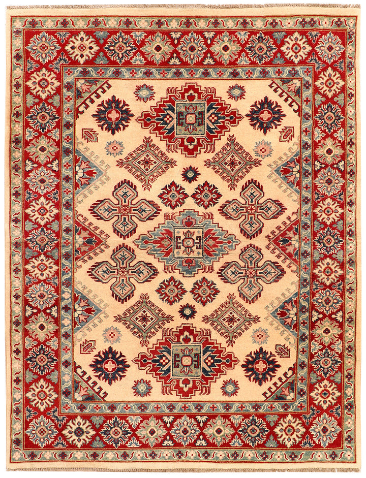 White Afghan Kazak Rug 4' 9 x 6' 3 Hand-Knotted