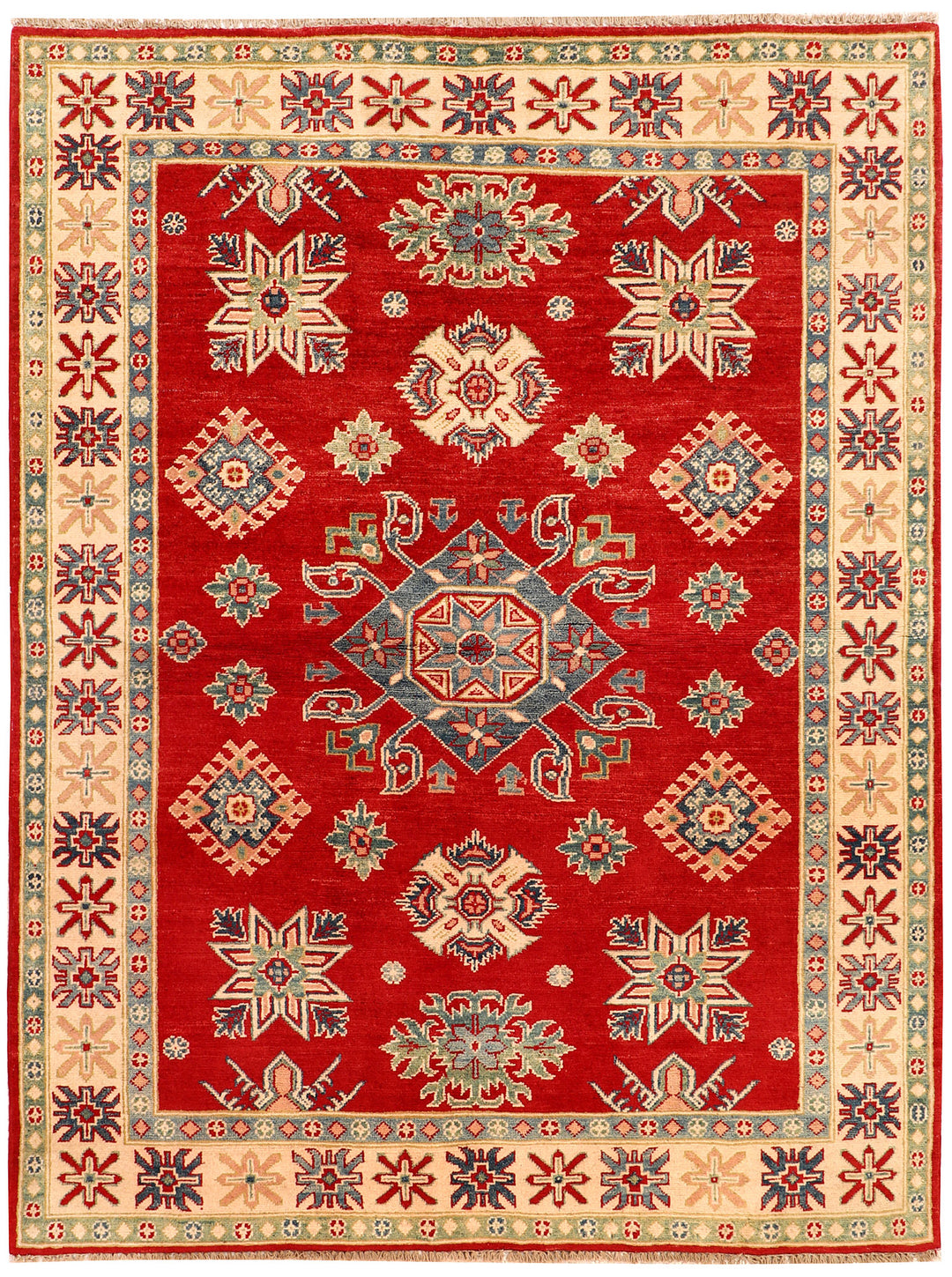 Red Afghan Kazak Rug 4' 9 x 6' 4 Hand-Knotted