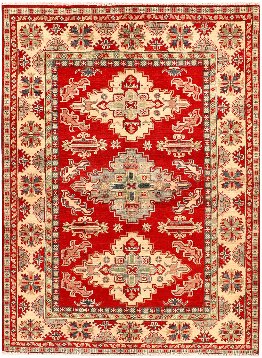 Red Afghan Kazak Rug 4' 10 x 6' 6 Hand-Knotted