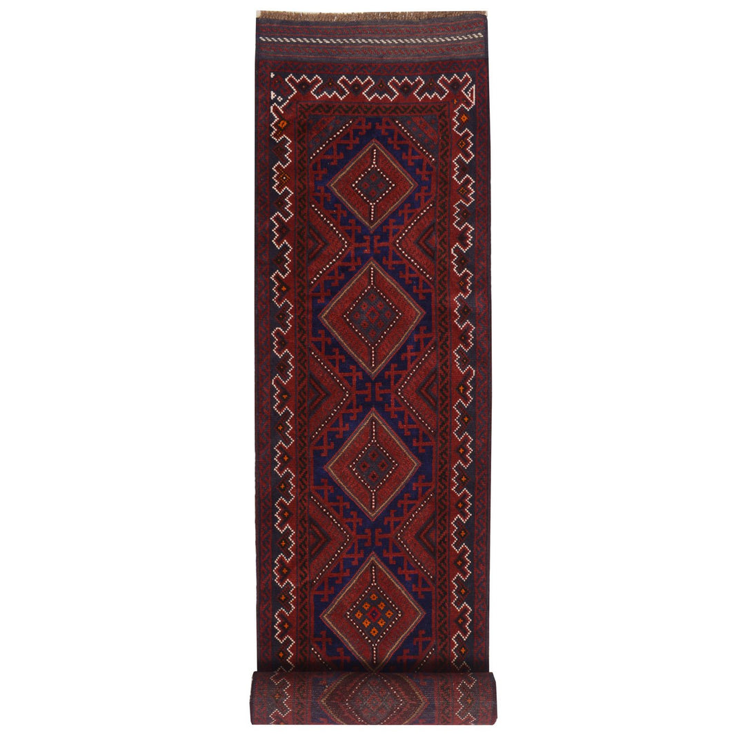 Red Afghan Mashwani Rug 2' x 11' 7" Hand-Knotted