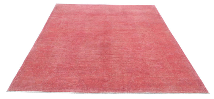 Red Pakistani Overdye Rug 6'1" x 8'8" Hand-Knotted close-up