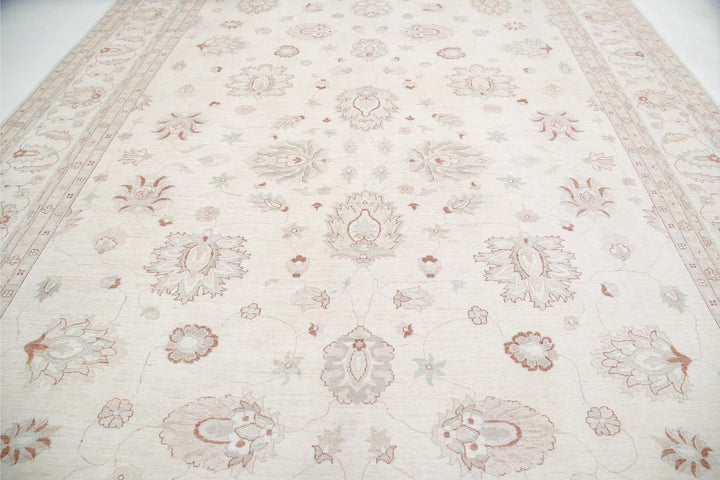Ivory Pakistani Tabriz Rug 11'9" x 16'10" Hand-Knotted reverse