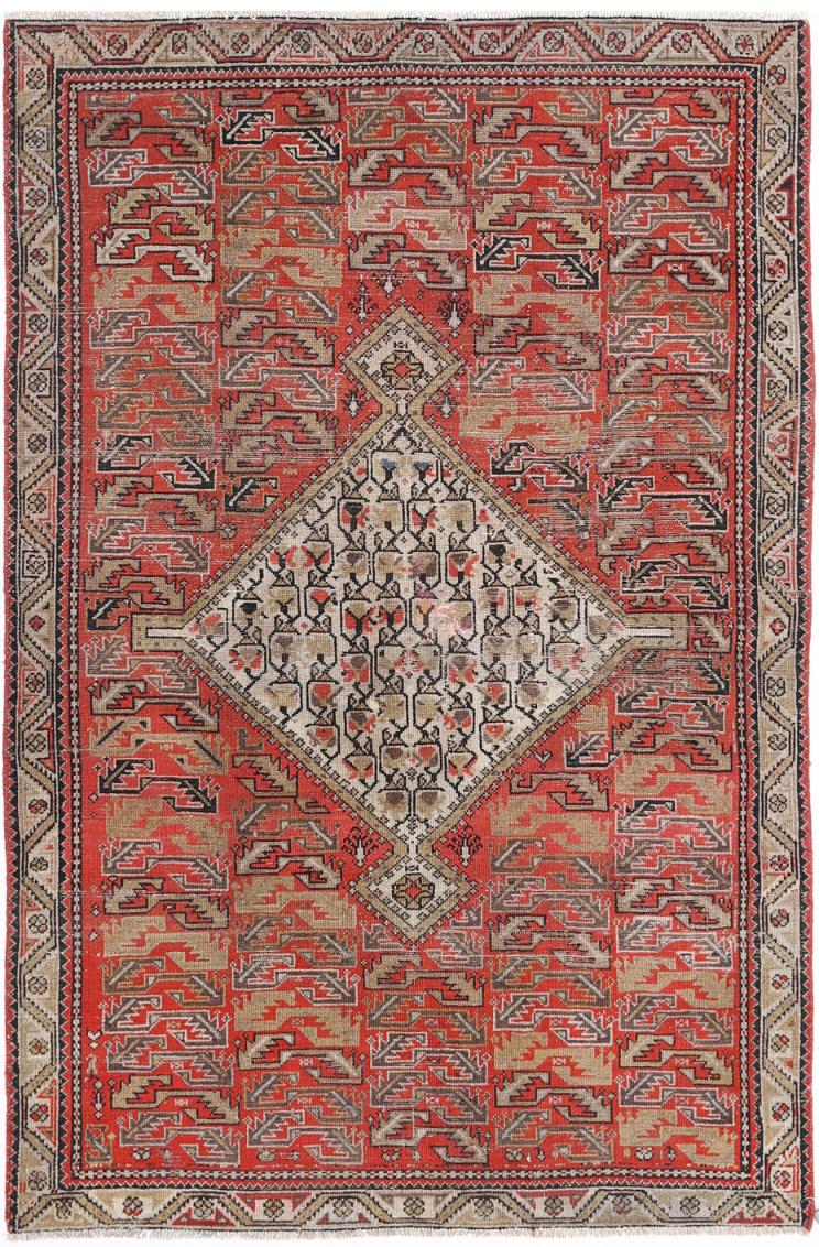 Red Afghan Malayar Rug 3'9" x 5'7" Hand-Knotted