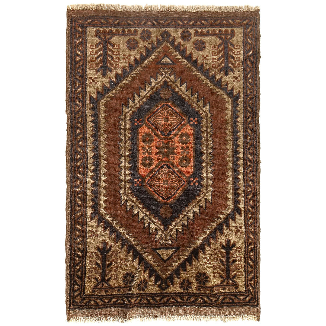 Brown Afghan Baluchi Rug 2'7" x 4'1" Hand-Knotted