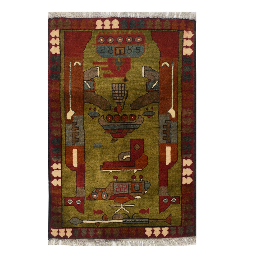 Green Afghan Tribal Rug 2' x 3'" Hand-Knotted