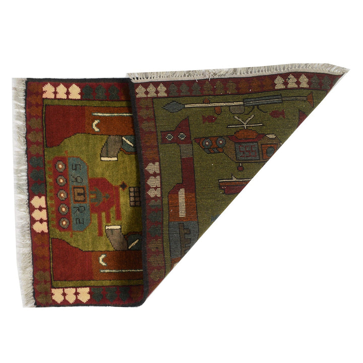 Green Afghan Tribal Rug 2' x 3'" Hand-Knotted detail
