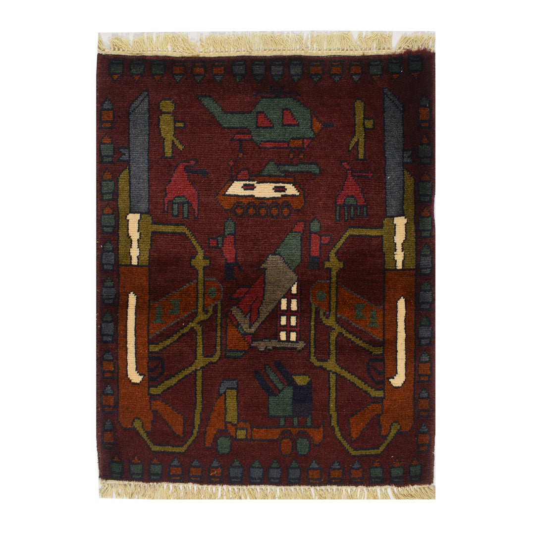 Red Afghan War Rug 2' x 2' 5" Hand-Knotted