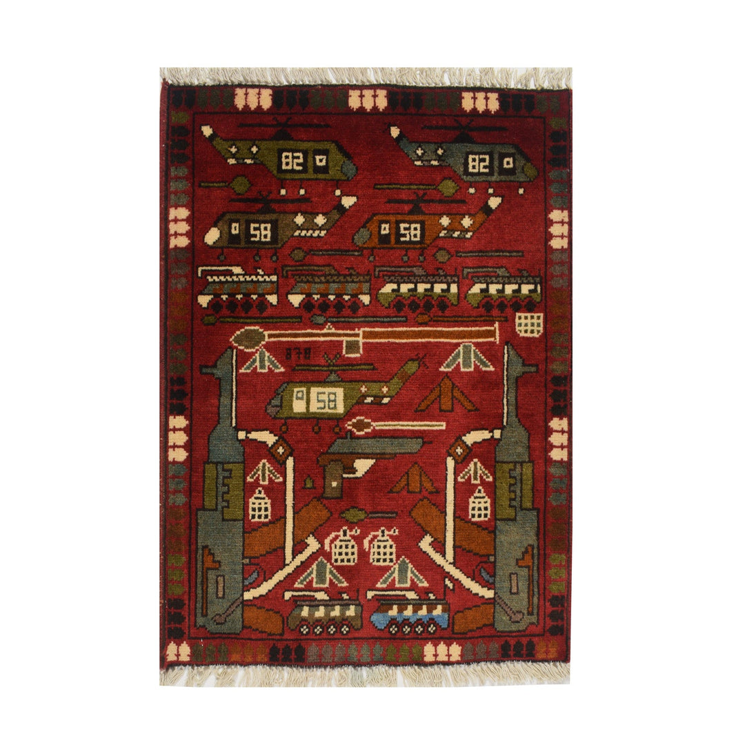 Red Afghan War Rug 1'9" x 2'6" Hand-Knotted