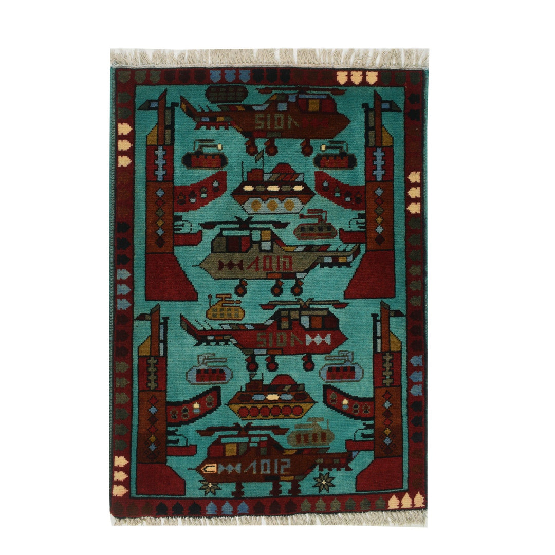 Blue Afghan War Rug 2' x 2'9" Hand-Knotted