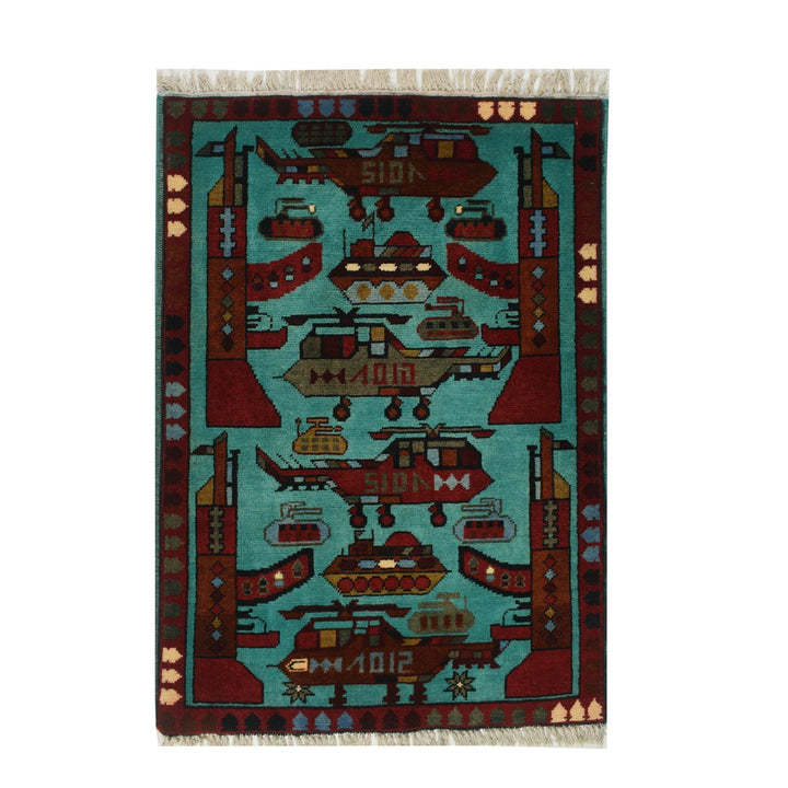 Blue Afghan War Rug 2' x 2'9" Hand-Knotted