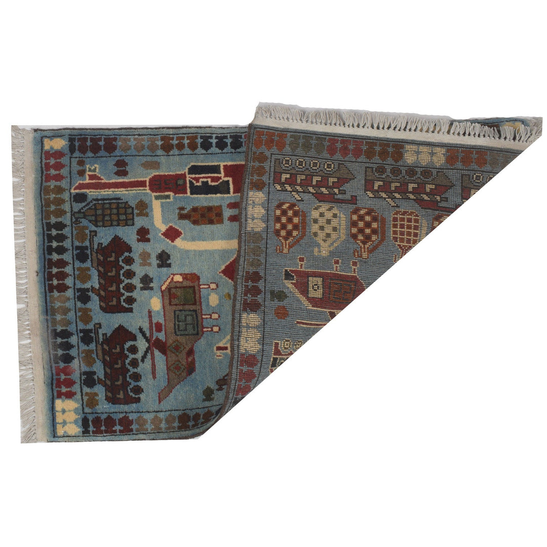 Blue Afghan Tribal Rug 1'9" x 2'9" Hand-Knotted detail